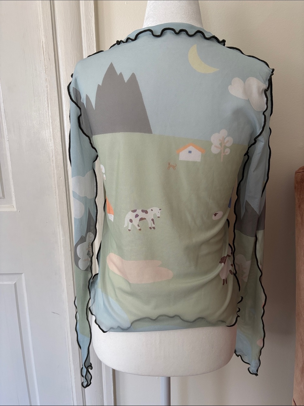 Small Kina and Tam landscape mesh top Sheer Farm Print - Light Blue/Green - Picture 4 of 7
